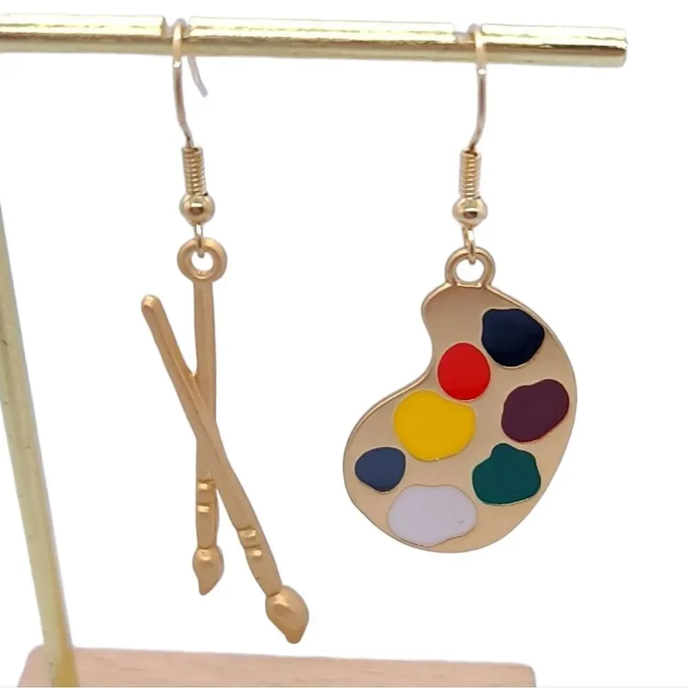 Artist Paint Palette Brush Earrings Mismatched Dangle Teacher Art Jewelry NWT